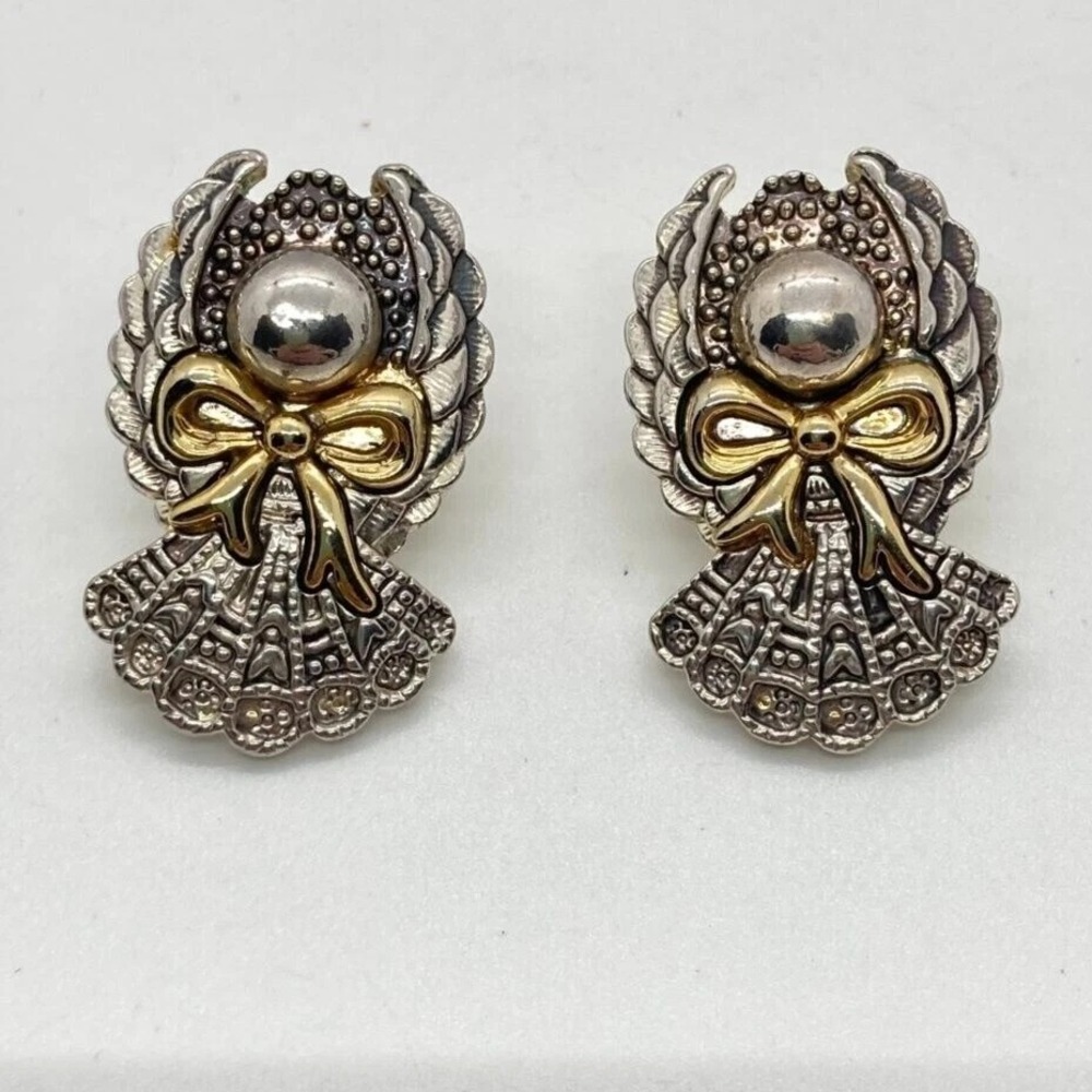 Angel Bow Figural Earrings Silver Gold Tone Christmas Holiday‎ Push